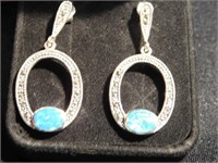 Opal & marcasite pierced earrings - 1.5" long and