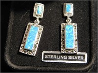 Marcasite & Blue Opal Pierced Earrings - 1.25"