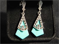 Marcasite and Turquoise Pierced Earrings - 1.75"