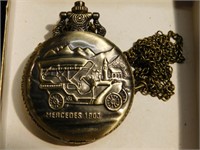 Pocket watch w/quartz works & 1903 Mercedes on