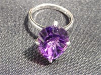 Faceted Amethyst Tear drop ring in silver setting