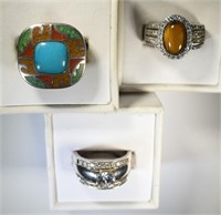 LOT OF 3 STERLING SILVER RINGS, CZs, SIZE 9. QVC
