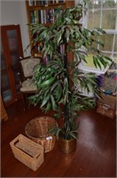 2 Wicker Baskets and Faux Bamboo Plant in Brass Pl