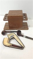 Pipe box and 3 pipes, leather case