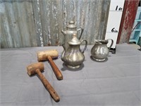 Three pewter pieces, wood mallets pair