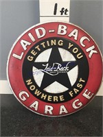 Laid - Back garage metal round sign