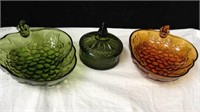 Pair heavy glass acorn bowls with vintage green