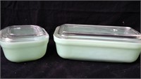 Pair of vintage fire king ovenware green baking