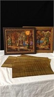 4 golden glass place mats? with 2 framed art