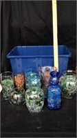 Brookfield blue glass bottle with group of vases