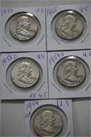 1953, 1955, 1958, 2X 1959 US Half Dollars