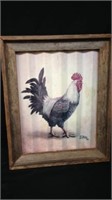 18"x23" Wood framed metal rooster artwork marked