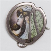 German Enameled Silver Portrait Brooch, Swan Maid