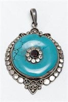 Tibetan Silver Pendant, w. Turquoise & Garnet