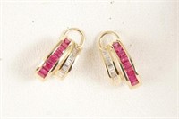 Ladies 14kt gold diamond & ruby earrings