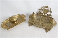 Ornate Brass desk sets with inkwells