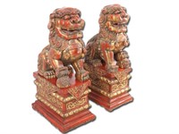 Pair Antique Polychrome Chinese Foo Dogs
