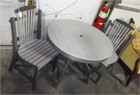 Gray Azack patio table and two matching chairs