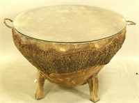 NATIVE AMERICAN GLASS TOP DRUM TABLE