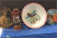 Assorted vintage items lantern tin can with