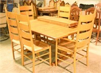 Contemporary Oak dining table and (6) rush