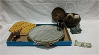 Basket, round mirror and miscellaneous