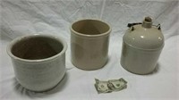 Stoneware bailed handled jug, 1 gallon crock and