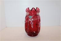 Fenton Cranberry Hand Painted & Signed by D. BARIO