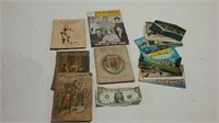 Vintage postcards, cookbook, books and pamphlets