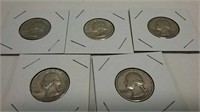 5 silver quarters 1938, 1939 (2), 1942 and 1944