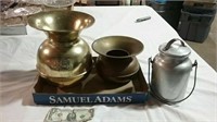 2 metal spittoons and milk can