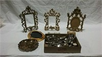 Metal picture frames and assorted flatware