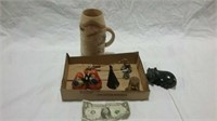 Stone carved hippo,wood mug, candle snuffers and