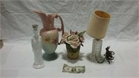 Hull pitcher, glass lamp, Avon bottle and planter