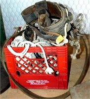 Plastic Box of Ropes/Pullies/Leather Safety Belt