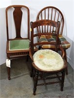 Lot of 3 Wooden Chairs, Upholstered Seats