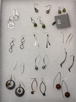 Silver tone earrings, natural amber
