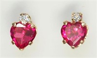 10kt. Gold Earrings with Heart Shaped Ruby and Cz