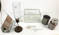 Lot: glassware items and birdhouse