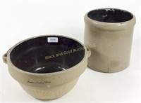 Pair: stoneware crock and bowl, both as is