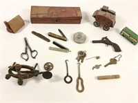 Lot: toy parts, metal cap gun, Morse Code key
