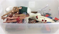 Plastic tote with toys, action figures, more