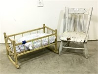 Two Piece- Primitive Child’s Chair, Doll Cradle