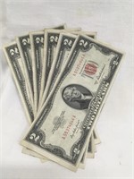 Six 1953 Two Dollar Bills