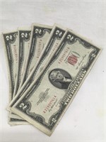 Five 1953 Two Dollar Bills