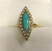 18K YELLOW GOLD TURQUOISE AND PEARL RING