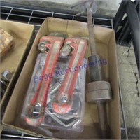 box w/ 2 pipe wrenches, slide hammer, door handle