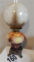 OLD LAMP WITH BRASS FOOT AND GLASS BASE AND SHADE