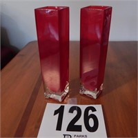 PR OF RED GLASS BUD VASES 7 IN