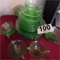 40PC GREEN DEPRESSION GLASS DISHES